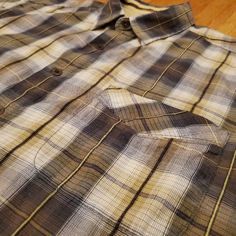 Vintage Kuhl Shirt Mens Large Earth Tone Plaid Short Sleeve Button Up Normcore - Picture 4 of 13